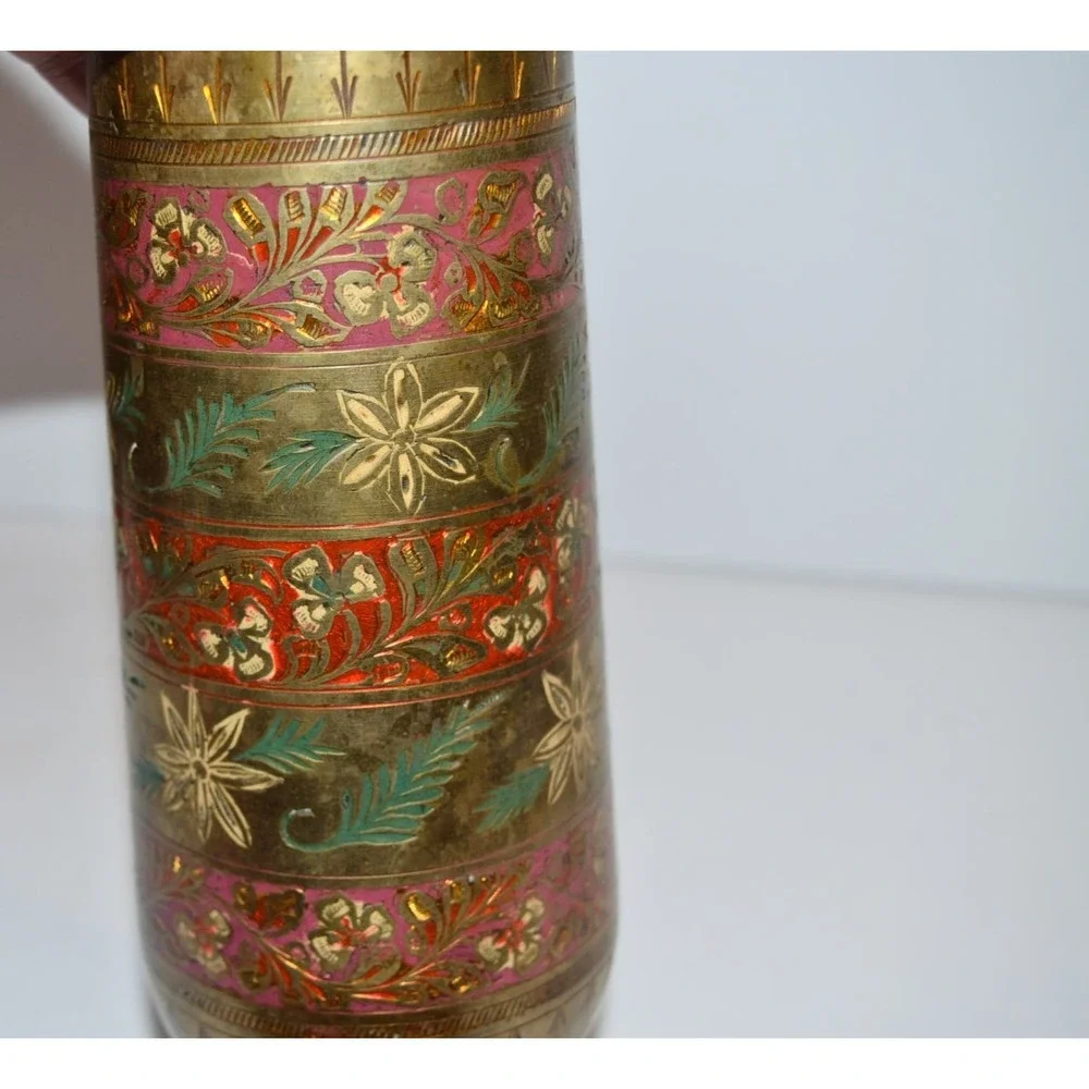 Vtg Brass Colorful Etched Vase Red & Green Footed Made India